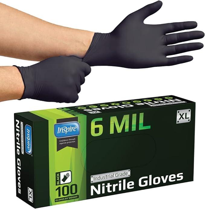 Heavy-duty black nitrile gloves, Inspire brand, 6 mil thickness, on a white background."