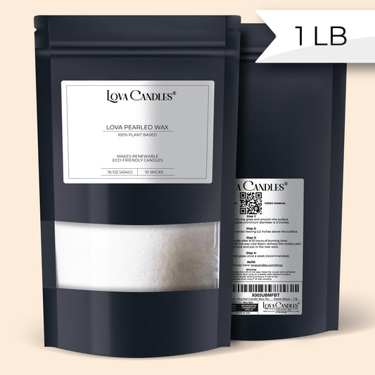 "Lova Sand Wax, 1 lb (454g) from Candle Pearls displayed in a clear container."