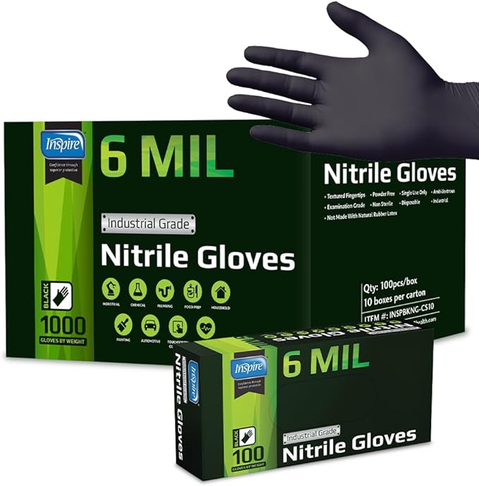 Heavy-duty black nitrile gloves, Inspire brand, 6 mil thickness, on a white background."