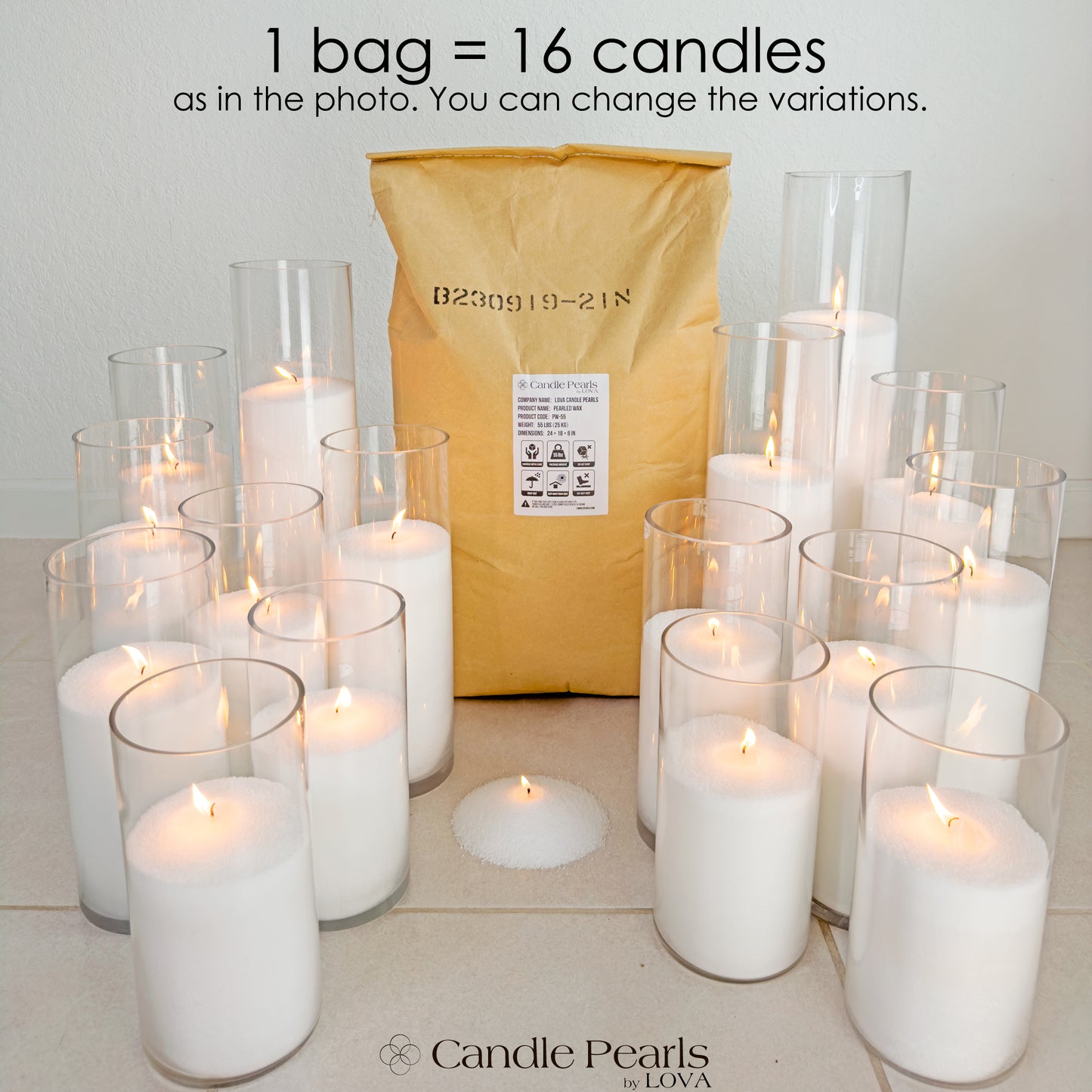 LOVA Candle Pearls™ Pearled Wax 55 lbs (25kg) - Candle Powder Sand Wax Candle Sand Candles Granulated Natural Plant Wax Self Melting Wedding +150 wicks