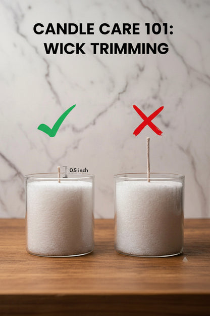 Two clear glass candle holders filled with white wax are shown on a wooden surface against a marble-patterned background. The left candle has a short wick and a green checkmark above with '0.
